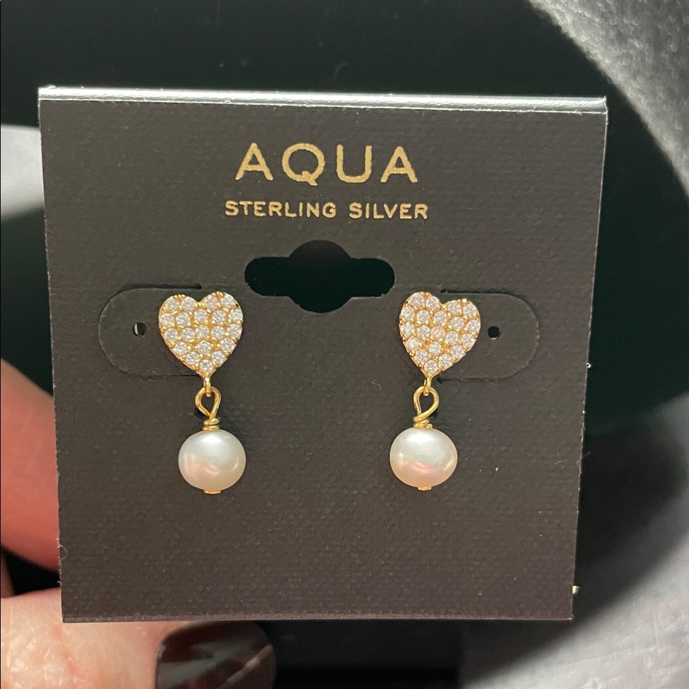Aqua Crystal-Encrusted Heart Drop Pearl Earrings